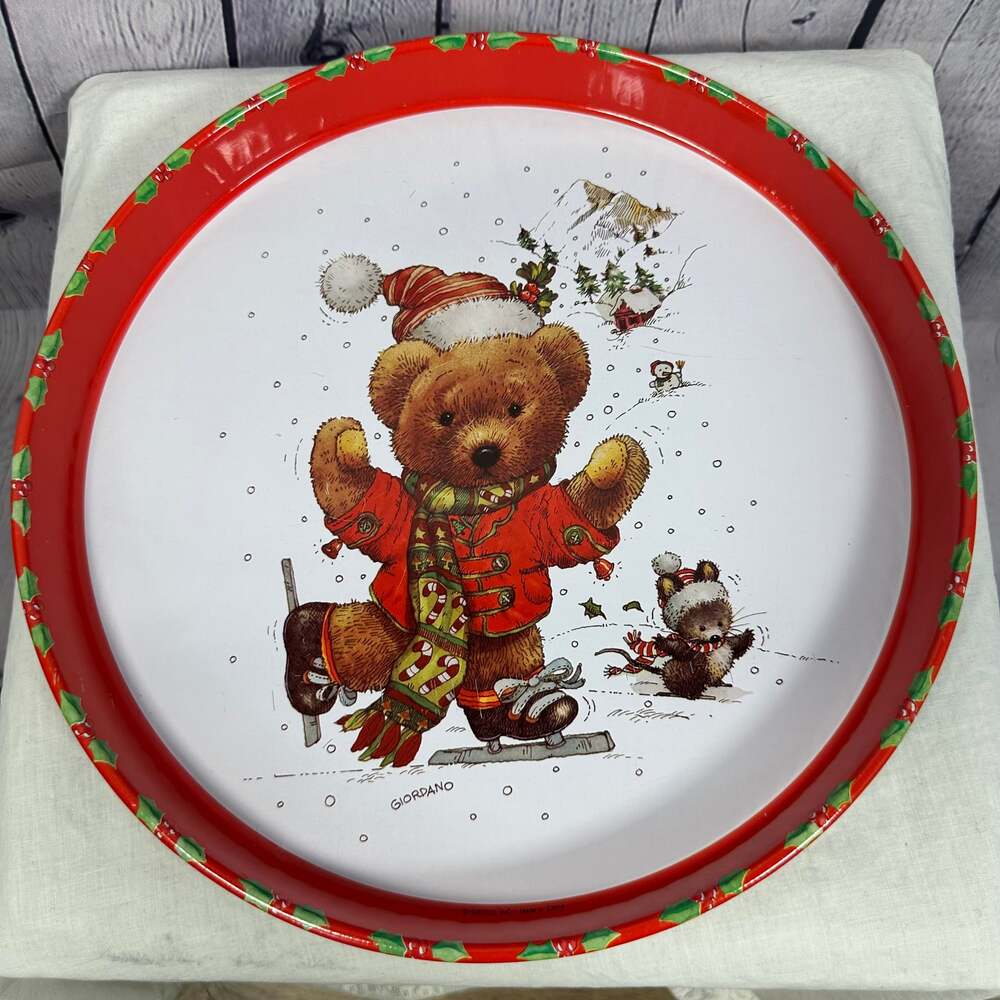 Vintage 1991 Giordano/Giftco Christmas Metal Tray Skating Teddy Bear and Mouse - Picture 1 of 5